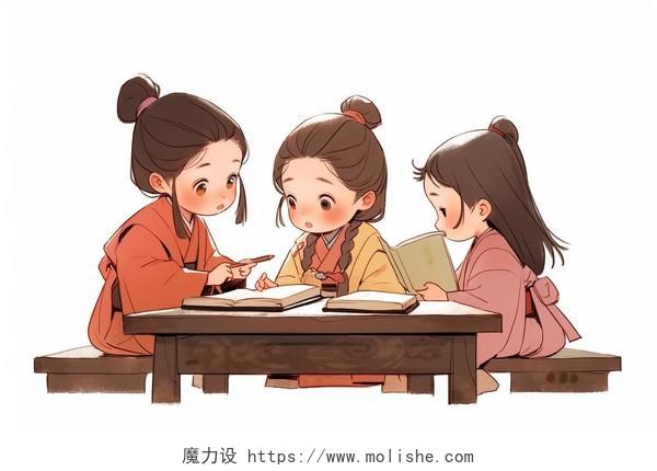 三个古代孩子坐在木桌前看书卡通AI插画汉服儿童教育儒家文化